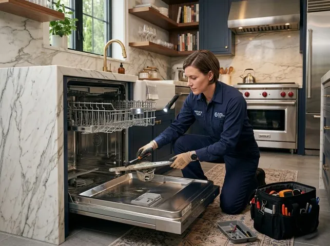 Appliance Repair Hero technician servicing a built-in dishwasher in a Bloomfield, KY kitchen