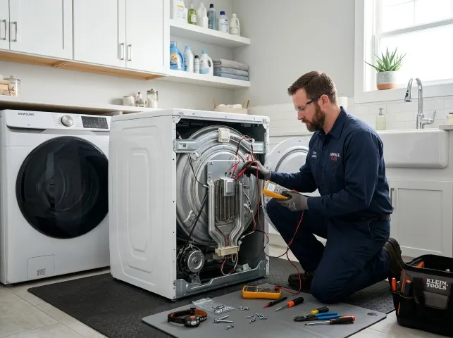Appliance Repair Hero technician checking a dryer heating element with the rear panel off in Bloomfield, KY