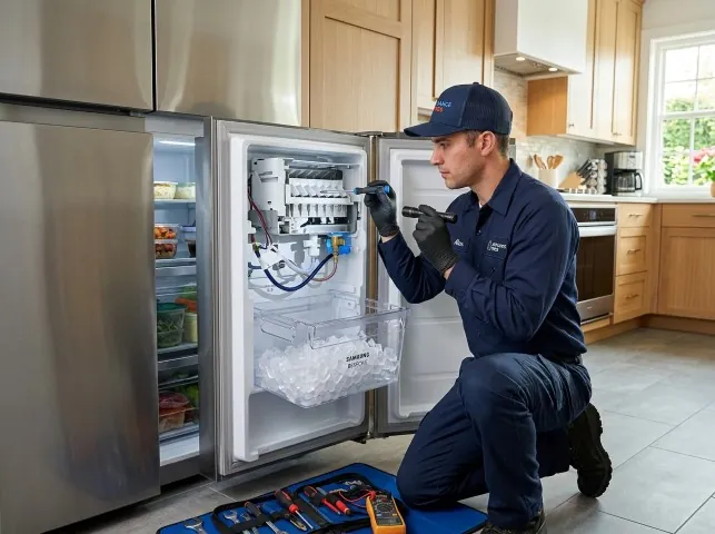 Appliance Repair Hero technician repairing a refrigerator ice maker in Bloomfield, KY