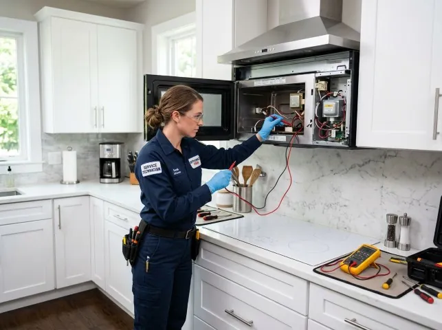 Appliance Repair Hero technician testing an over-the-range microwave in a Bloomfield, KY kitchen