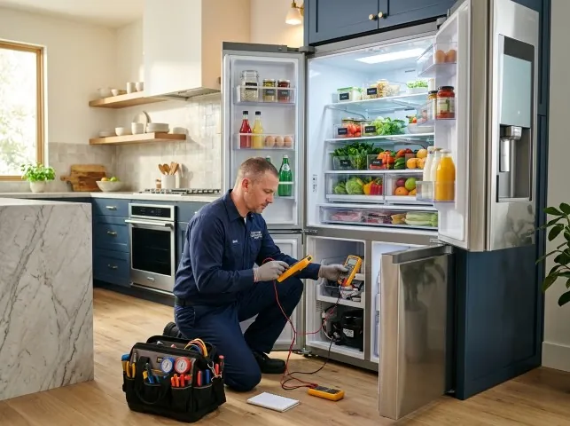 Appliance Repair Hero refrigerator technician testing a fridge on a Bloomfield, KY service call