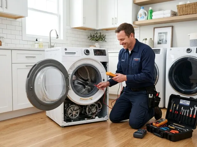 Appliance Repair Hero technician testing a front-load washer with a multimeter on a Bloomfield, KY service call